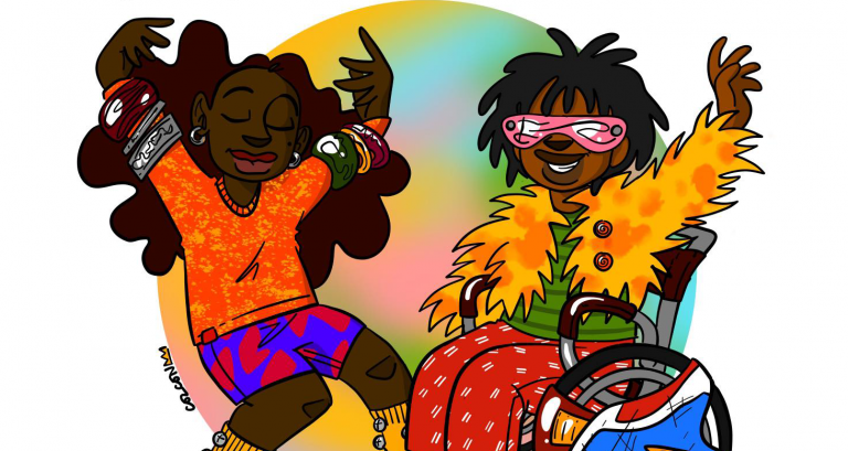 Two black children dancing joyfully beside each other.