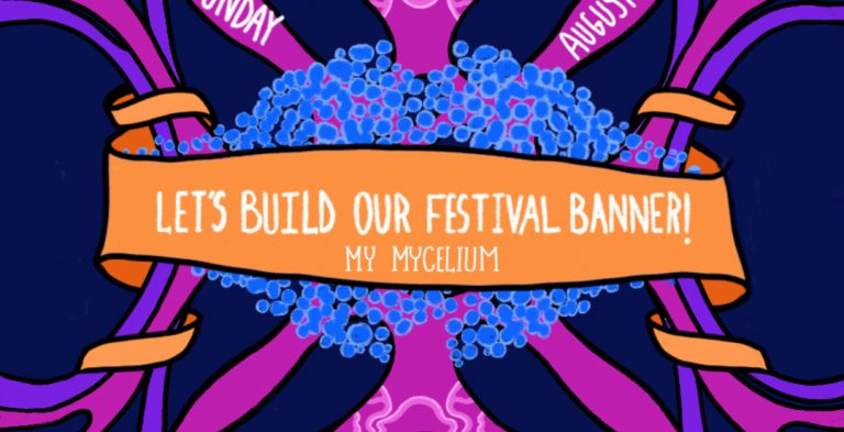 pink and purple mycelium web with a banner reading "Lets build our festival banner!"